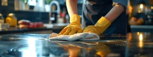 a person wearing a uniform cleaning a shiny kitchen countertop.