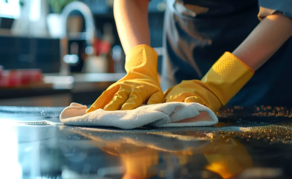 a person wearing a uniform cleaning a shiny kitchen countertop.