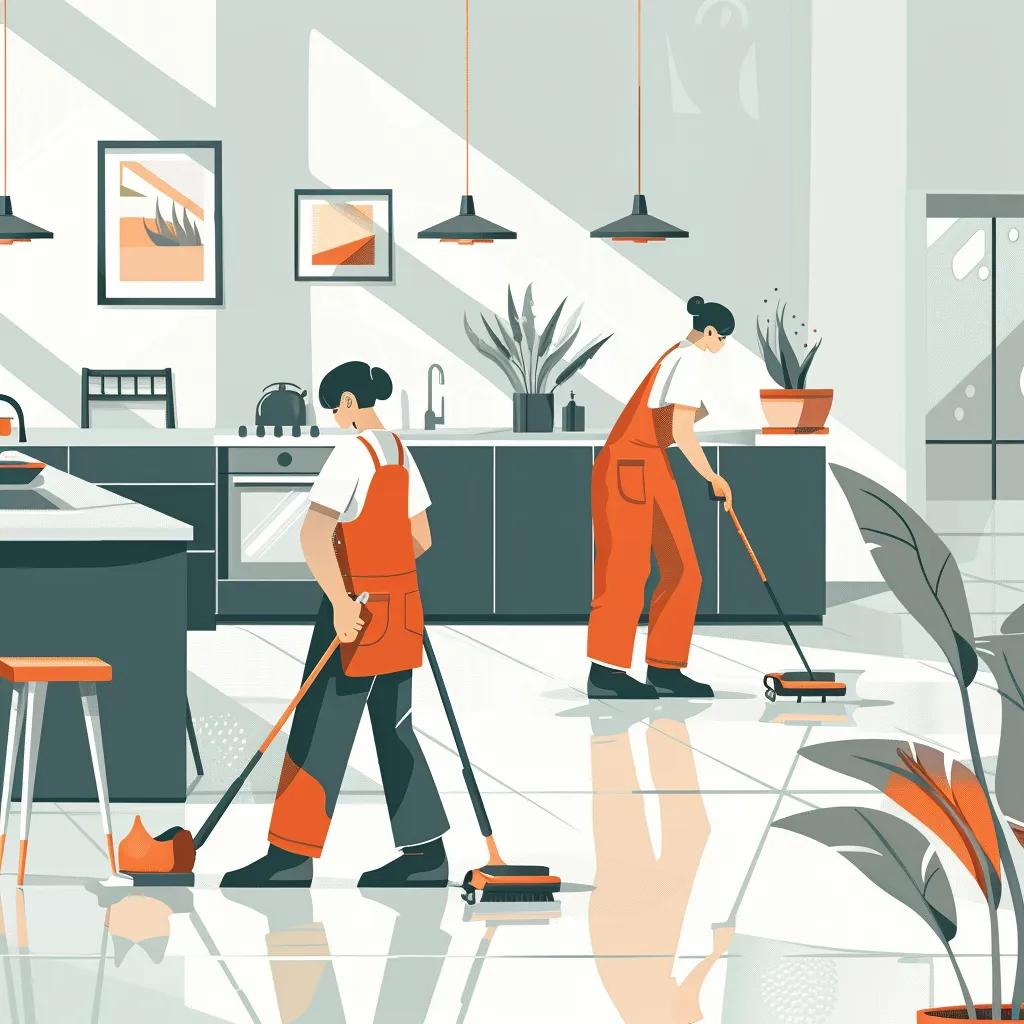 Professional cleaners conducting a move-out cleaning in an apartment, showcasing thorough cleaning practices