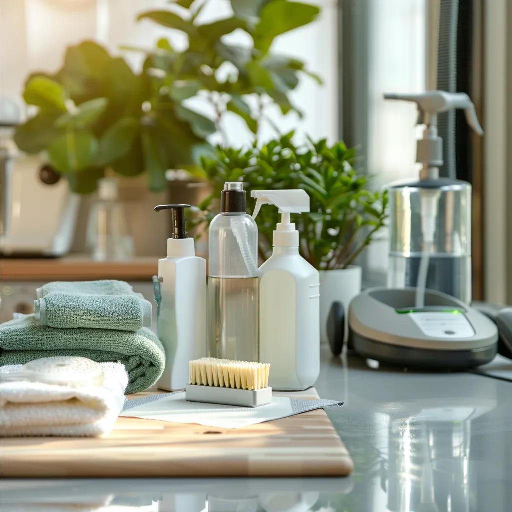 Eco-friendly cleaning products displayed in a modern kitchen, highlighting sustainable cleaning practices