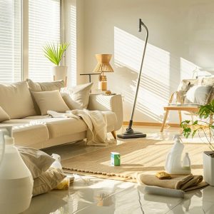 Professional cleaner in a bright living room using eco-friendly products for residential cleaning in Wellington