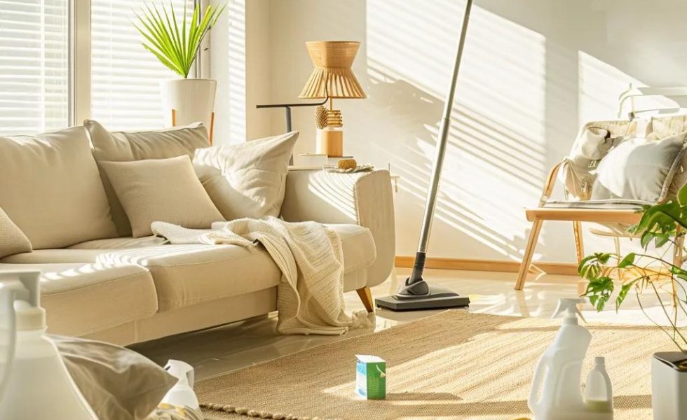 Professional cleaner in a bright living room using eco-friendly products for residential cleaning in Wellington